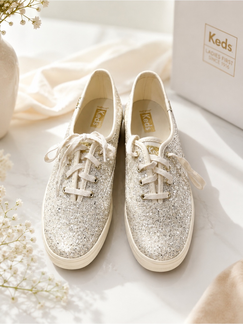 Keds Cream Glitter Lace-Up Sneakers